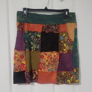 KATHMANDU IMPORTS MUSHROOMCORE PATCHWORK KNEE LENGTH SKIRT,WITH POCKETS SIZE S/M